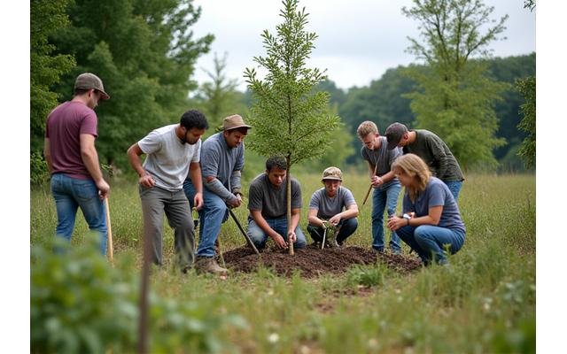 Volunteers planting trees in a park