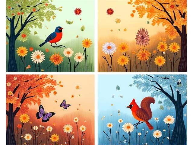 Four segmented sections representing spring, summer, fall, and winter wildlife activity in a well-planned garden.