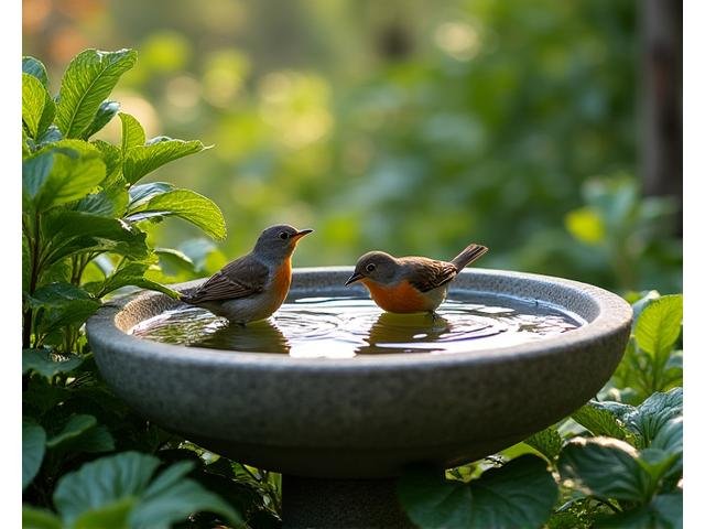 Birds bathing in a shallow, natural-looking bird bath in a lush green garden.