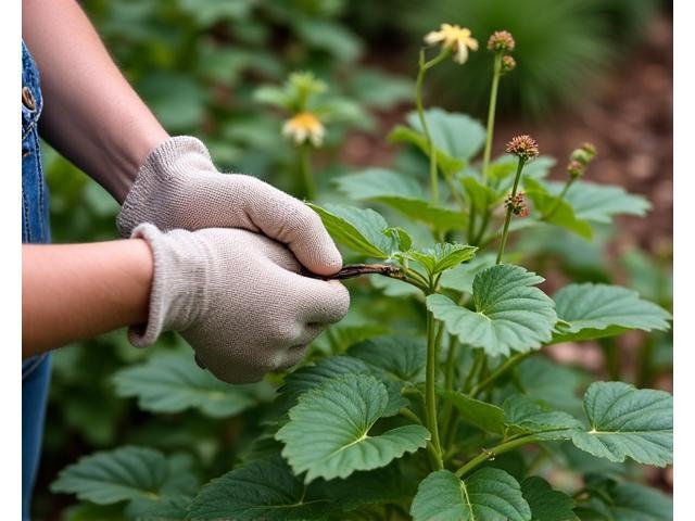 A gardener gently tending to native plants, avoiding pesticides, showing responsible habitat care.