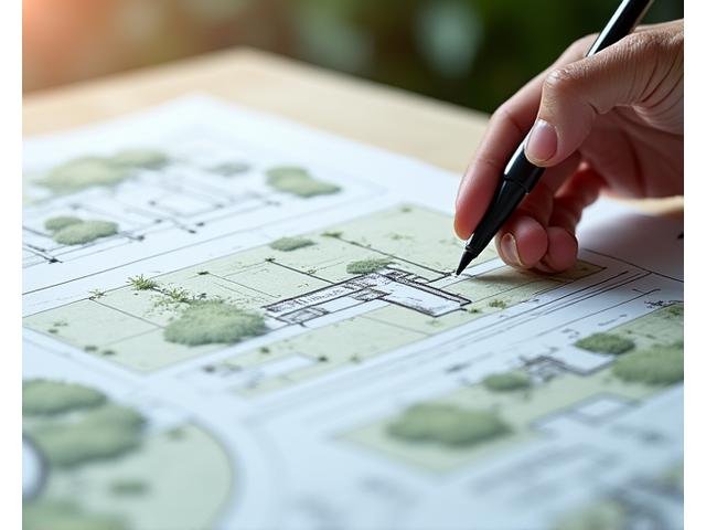 Detailed landscape design blueprint with a professional's hand highlighting features, signifying careful planning and transparent project estimates.
