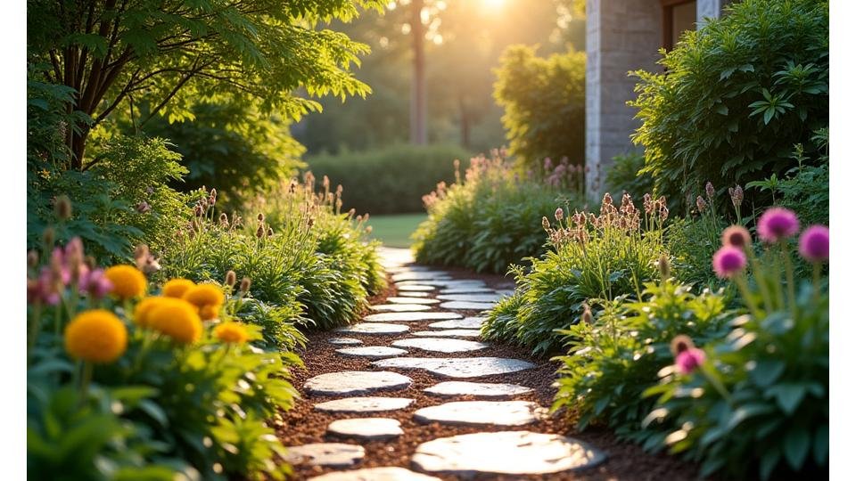 Lush, custom-designed garden space with a flowing flagstone path and vibrant native plants in Charlotte, NC.