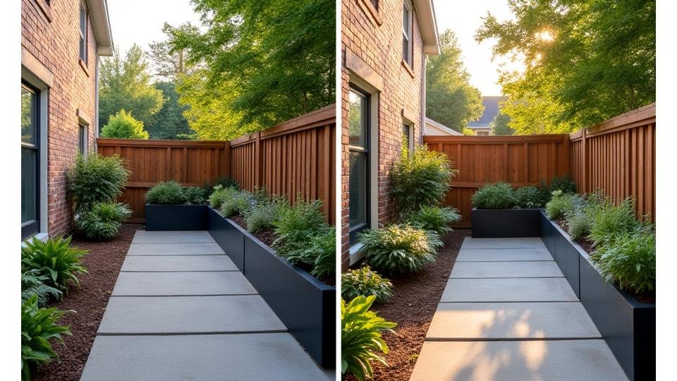 Before and after of a small urban backyard transformed into a beautiful, functional outdoor living area with raised garden beds.
