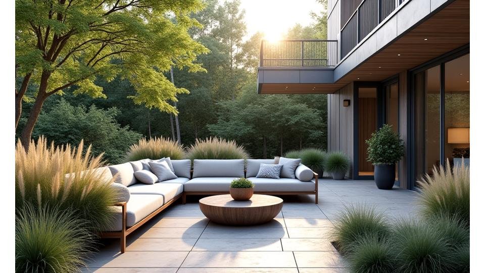 A serene outdoor patio surrounded by low-maintenance, drought-tolerant plants, showcasing thoughtful landscape planning.