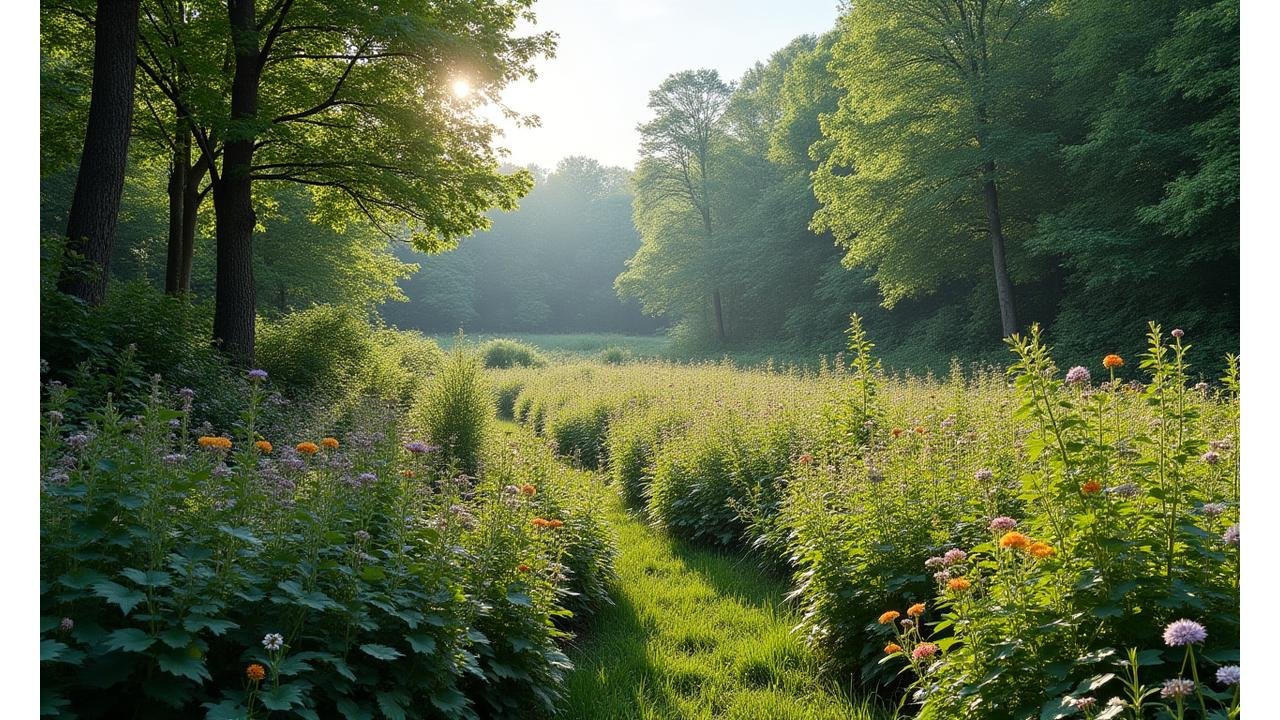 Lush, biodiverse native plant community with various layers of vegetation, mimicking a natural woodland edge in the Piedmont region of North Carolina.