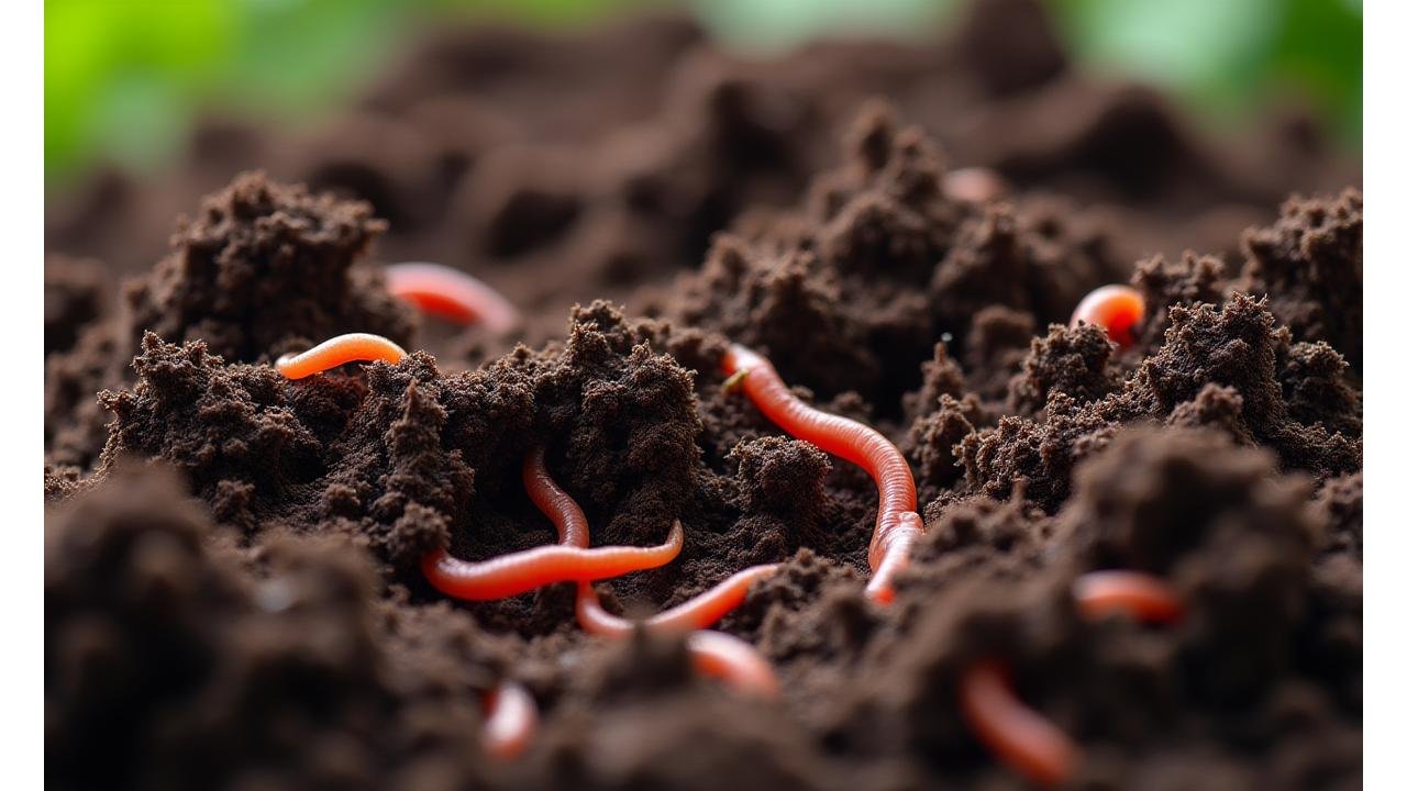 Rich, dark, healthy garden soil with visible organic matter and beneficial microorganisms, a hand gently sifting it.