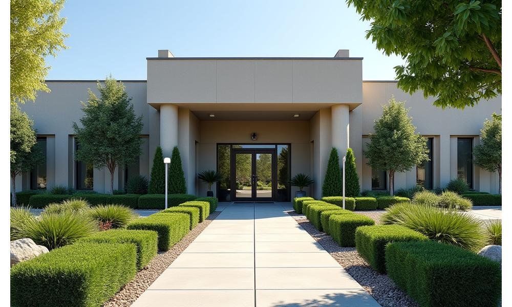 Modern commercial building with perfectly manicured, low-maintenance landscape design featuring drought-tolerant plants.