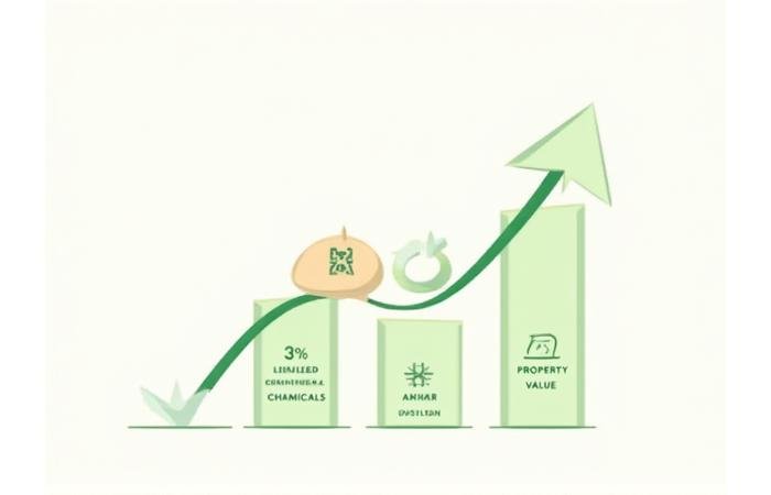 Infographic illustrating substantial financial savings over five years from reduced water, fertilizer, and labor expenditures in a low-maintenance landscape.