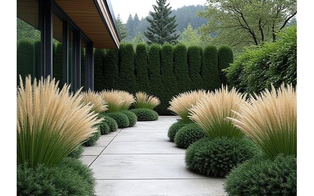 Architectural evergreen grasses providing year-round structure