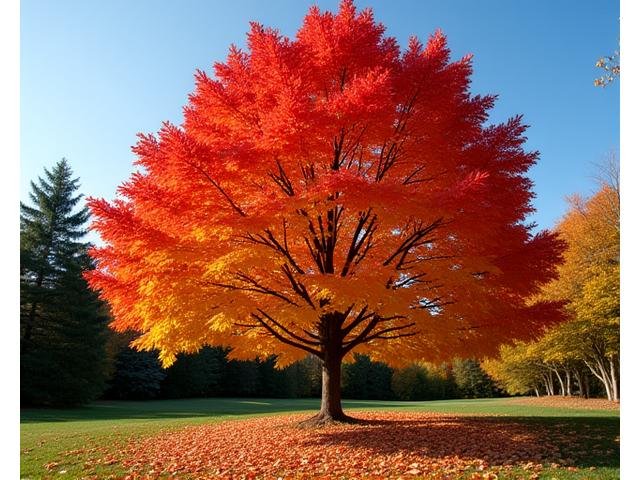 Brilliant fall foliage of a native Maple tree, with red and orange leaves.