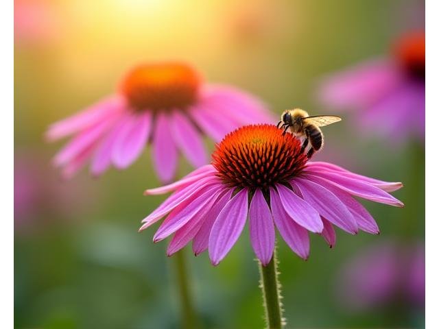Vibrant coneflowers (Echinacea purpurea) with busy bees, illustrating native perennials.