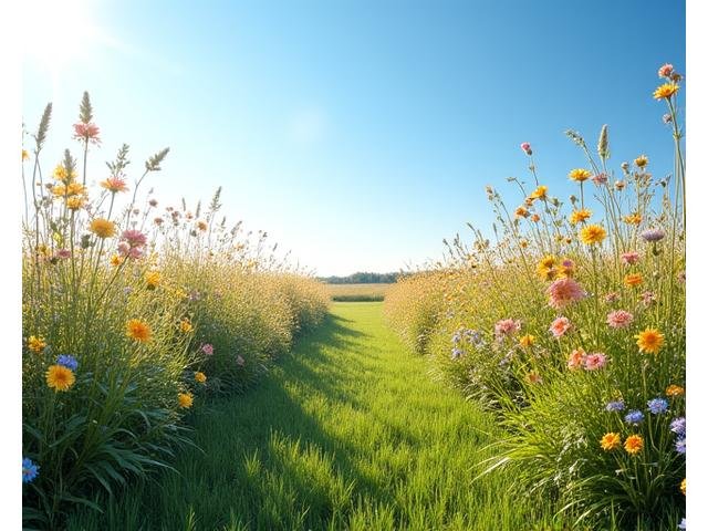 A sunny meadow of tall native grasses and colorful wildflowers, reminiscent of a prairie.