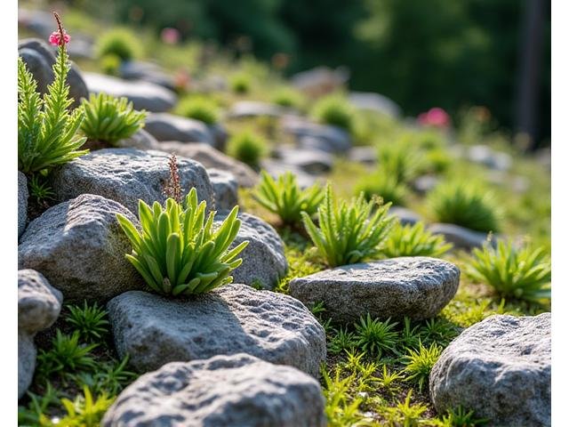 Hardy native plants growing among rocks on a sun-drenched slope.
