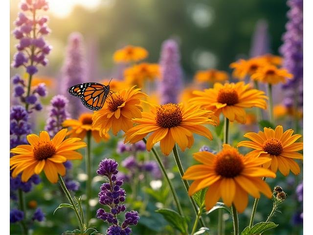 A vibrant burst of summer-blooming native plants like Butterfly Weed and Phlox.