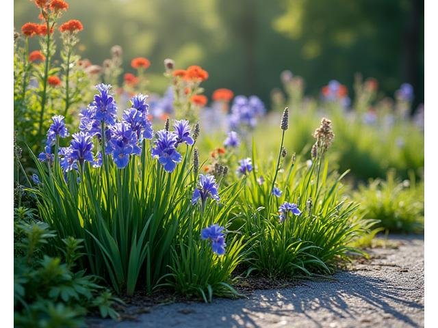 A rain garden feature with native irises and sedges thriving in moist conditions.