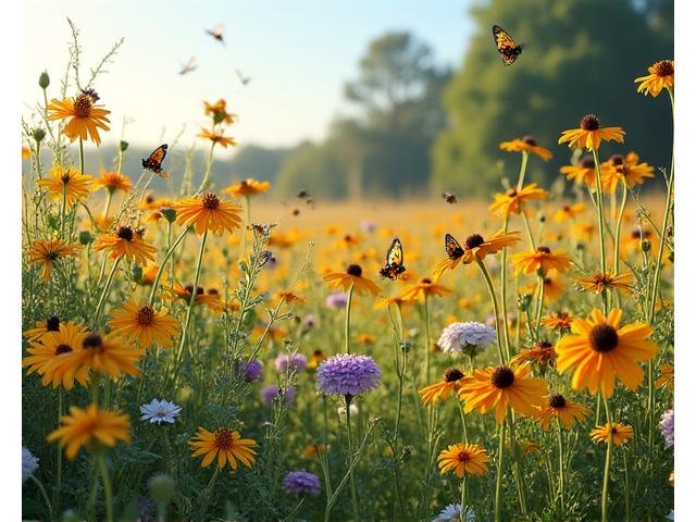 A meadow of diverse native wildflowers in full bloom, attracting various pollinators.