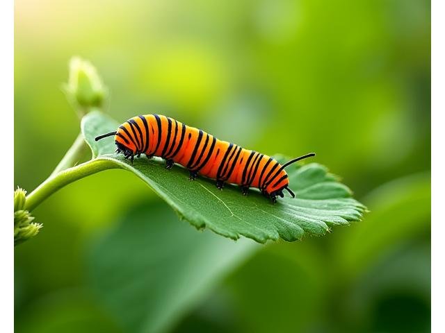A Monarch butterfly caterpillar feeding on a Milkweed leaf, highlighting host plants.
