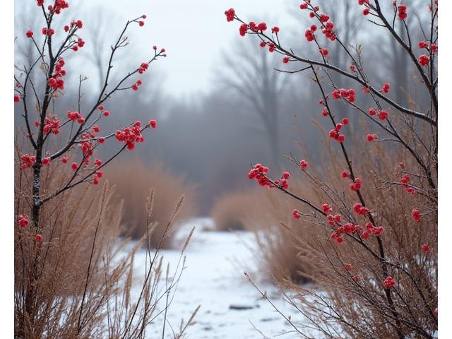Snow-dusted native evergreens and seed heads providing winter garden interest.