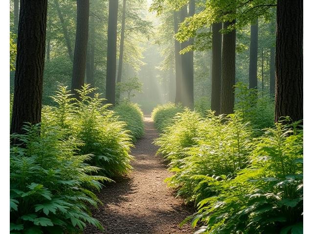 A serene woodland garden path featuring native ferns and wildflowers in dappled light.
