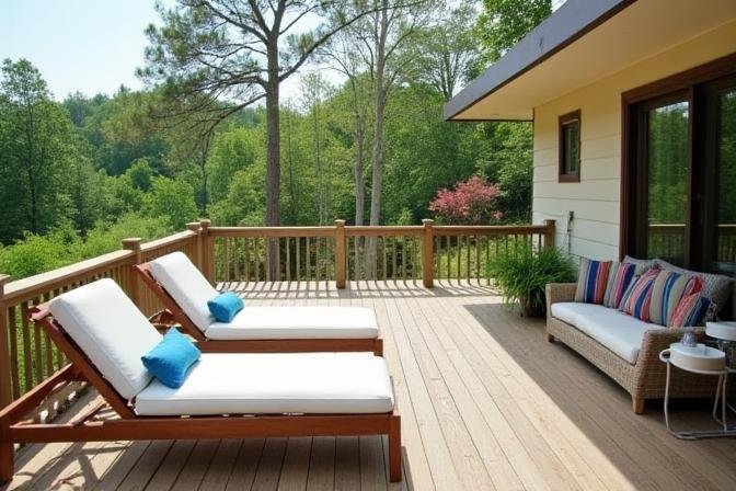 Elevated deck with lounge chairs and privacy screens overlooking lush garden
