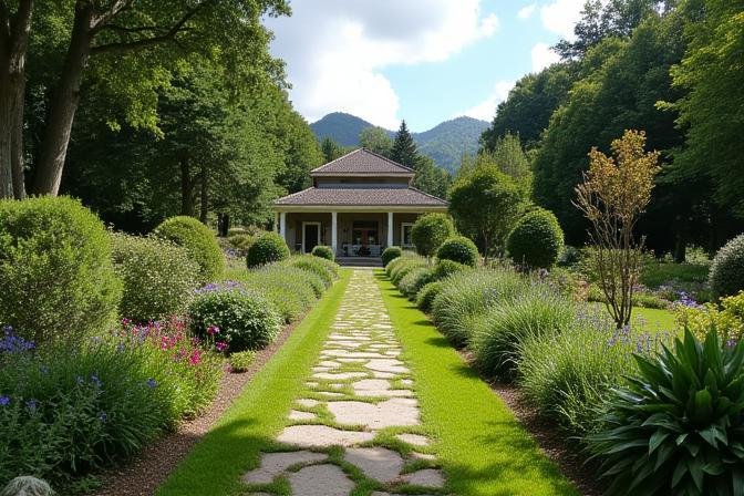 Cozy fire pit area with Adirondack chairs and string lights