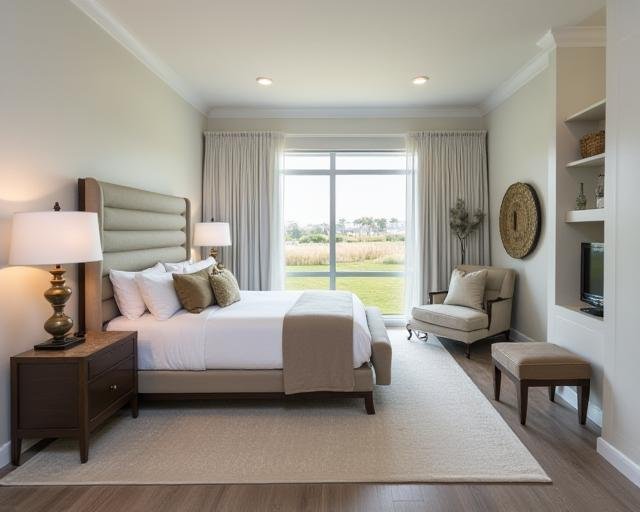 Outdoor fireplace with integrated audio system in a cozy lounge setup