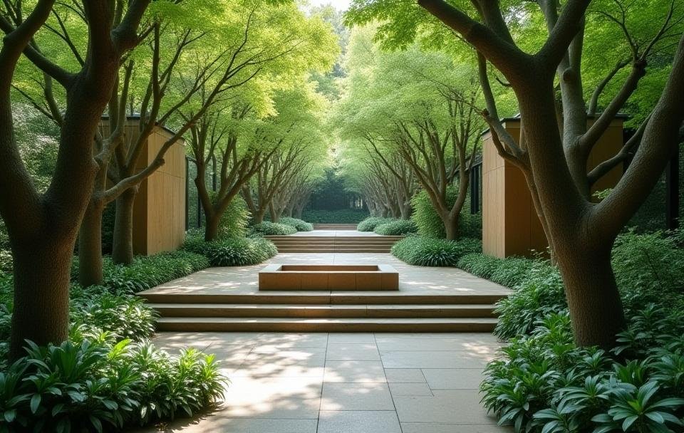 Beautiful patio flowing into a lush, well-designed garden with mixed plantings and subtle lighting