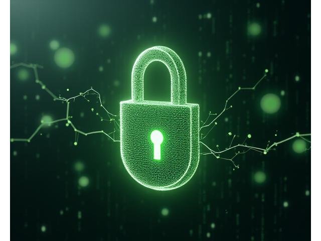 Digital padlock icon overlaid on a network of glowing data points, symbolizing robust cybersecurity and data protection