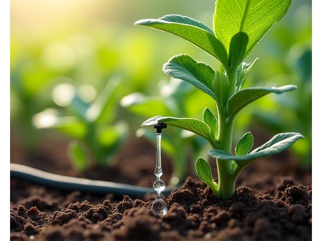 Drip irrigation lines watering plant roots precisely