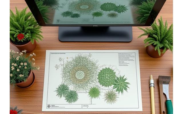 Architectural plan and plant palette for a sustainable garden design.
