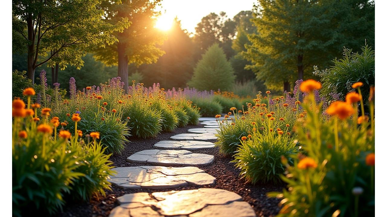 Professionally installed sustainable garden featuring native plants and permeable pathways in Charlotte, NC.