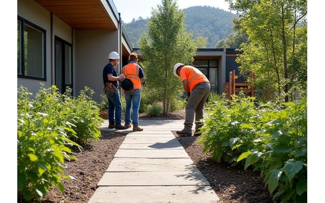 Skilled landscapers installing native plants and laying permeable pathways.