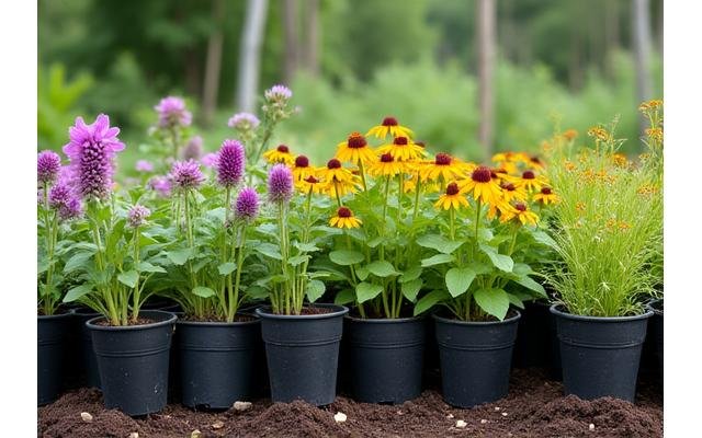 Diverse selection of native North Carolina plants ready for installation.