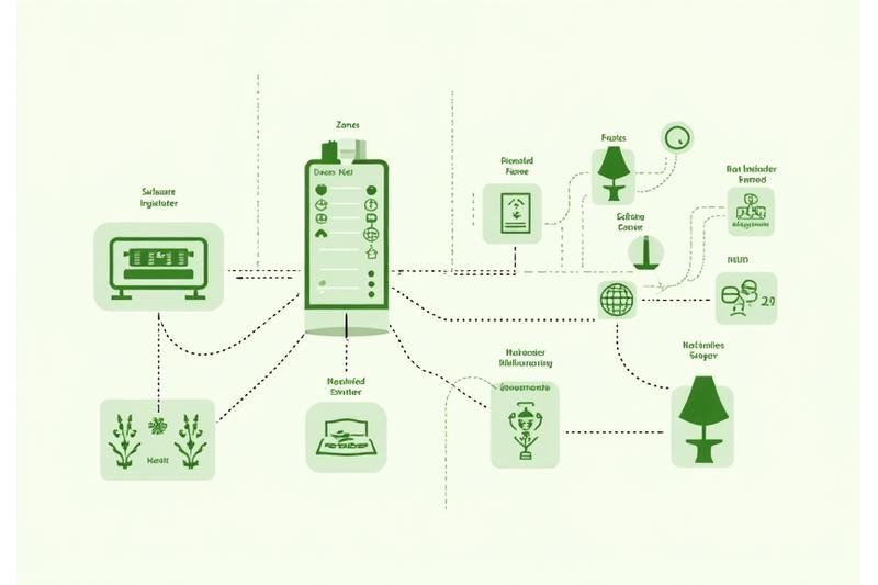 Diagram illustrating a smart irrigation system with sensors and zoned watering.