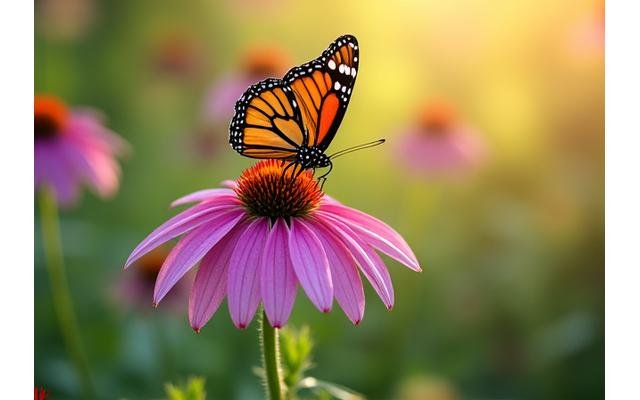 Monarch butterfly on a native coneflower, illustrating wildlife habitat creation.