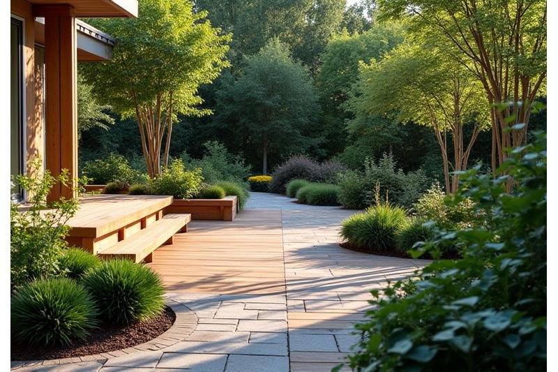 Sustainable wooden patio with a permeable paver pathway, showcasing eco-friendly hardscape.