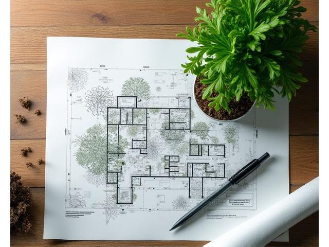 Detailed blueprint of a garden design overlaid with green leaves, symbolizing a well-defined project scope.
