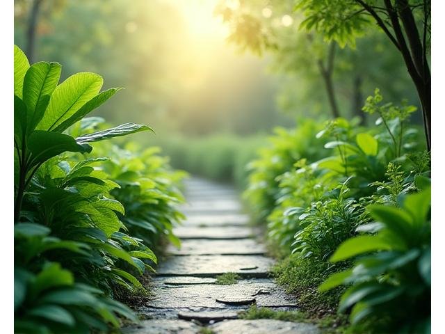 A tranquil therapeutic garden path with lush green plants, soft lighting, and a gentle water feature, inviting quiet contemplation.