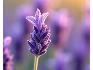 Close-up of lavender flowers with dew drops, highly fragrant.