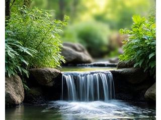 A serene garden with a small, gently flowing waterfall.