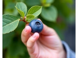 A small hand picking a ripe blueberry from a bush in a garden.