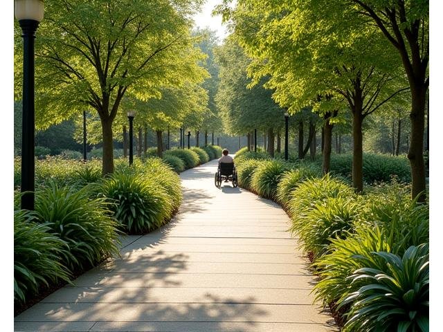 Smooth, wide, ADA-compliant paved pathway winding through a lush urban park, with gentle slopes and clear signage, accessible for wheelchairs and strollers.