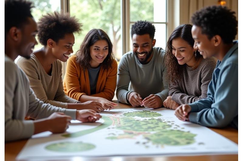 Diverse group of Charlotte residents, young and old, actively participating in a community workshop, reviewing landscape design plans for a new urban park, with a facilitator guiding the discussion.