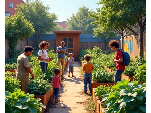 Diverse community members tending to raised garden beds filled with vegetables and herbs in a vibrant urban community garden, fostering connections and promoting healthy eating.