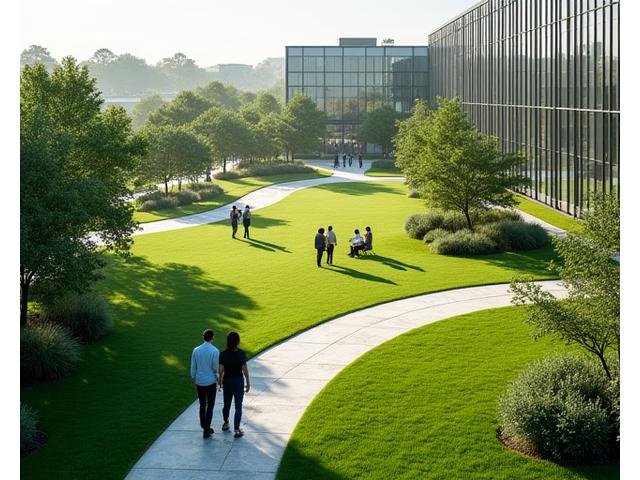 Expansive green corporate campus landscape featuring walking paths, outdoor seating, and diverse native plantings, promoting well-being and collaboration for employees.