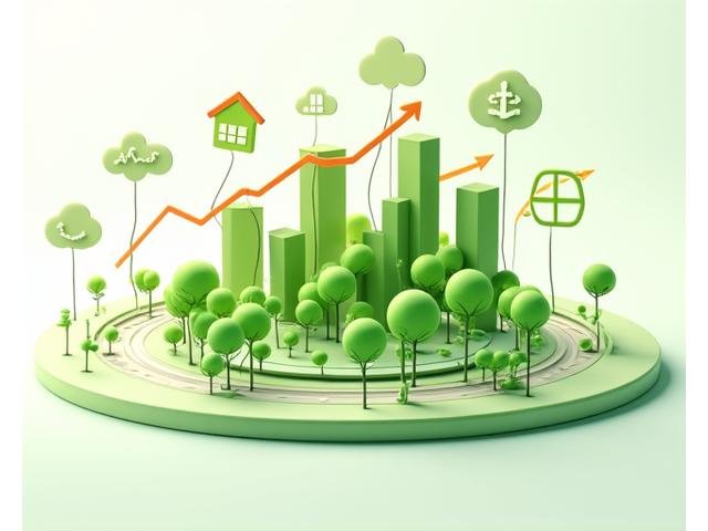 Infographic illustrating the economic benefits of urban green spaces, showing upward trends for property values, local business revenue, and job creation, set against a financial chart background.