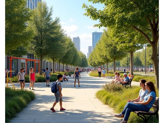 Multi-generational urban park space with separate but connected areas for children's play, adult fitness equipment, and communal seating, used by people of various ages.