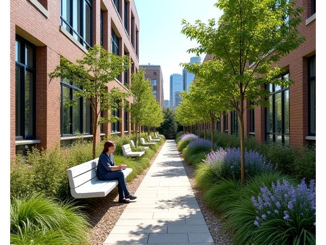 Vibrant small pocket park nestled between urban buildings, with benches, flowering plants, and native trees, offering a tranquil escape in a dense neighborhood.