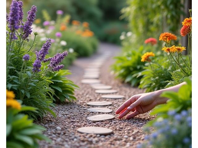 Sensory garden path with aromatic herbs, textured plants, chimes, and smooth water features, designed for tactile, auditory, and olfactory stimulation.