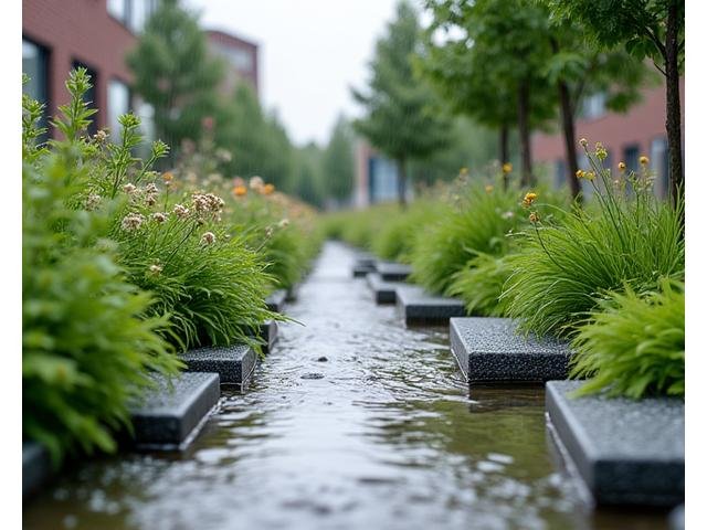 Innovative urban rain garden feature composed of native plants, permeable paving, and stone filtration elements, effectively managing stormwater runoff in a public space.